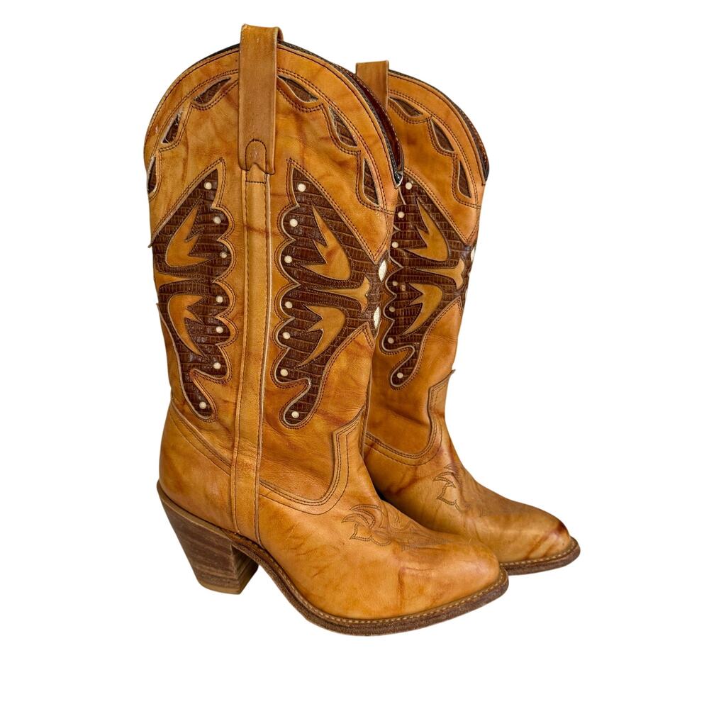 Miss Capezio Vintage Leather Inlay Western Cowboy Boots 8M Brown Festival USA